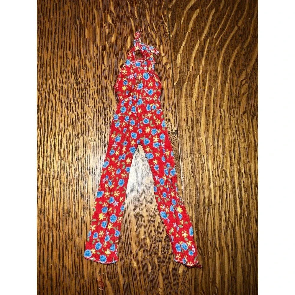 VTG 1970s Barbie Style Red Floral Jumpsuit Handmade 70s Doll Clothes OOAK EUC